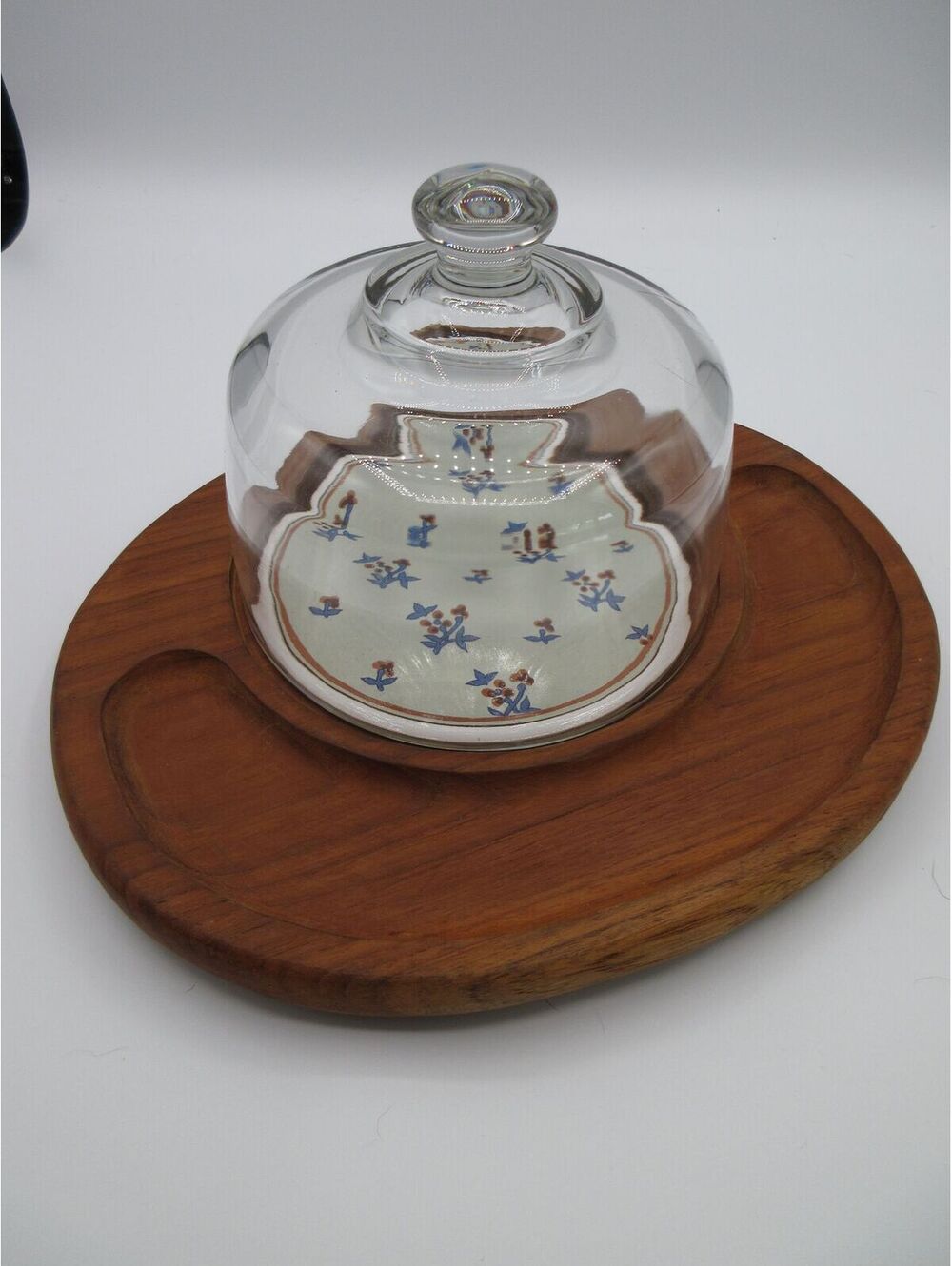 72. Vintage Gailstyn-Sutton Teakwood Cheese Board Glass Dome Ceramic Plate